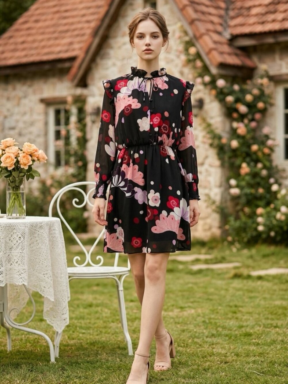 Ann Taylor Petite Black Floral Chiffon Mini Dress SP